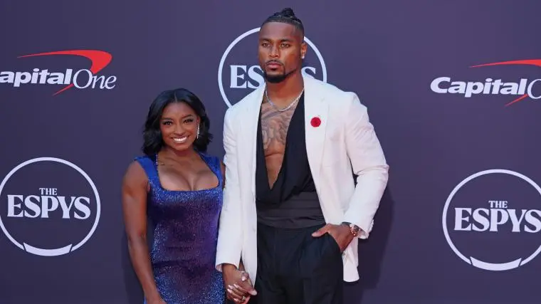 Simone Biles stuns in plunging lavender gown on date night with husband Jonathan Owens